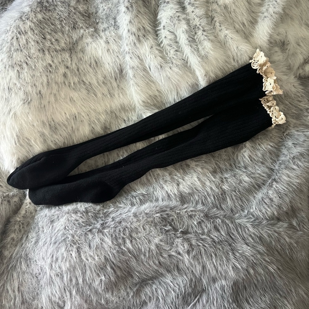 Black Lace Trimmed Thigh High Socks